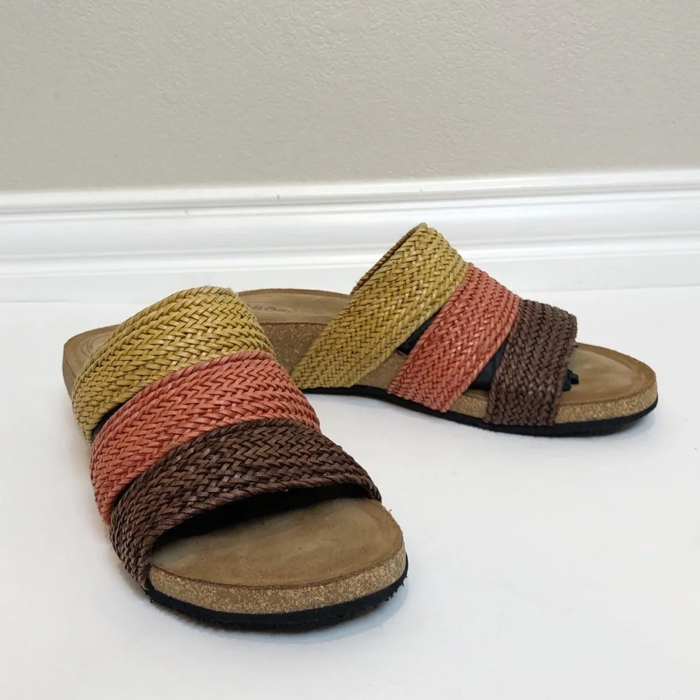 Taos Footwear Woven Slide Sandals in Yellow, Coral & Brown